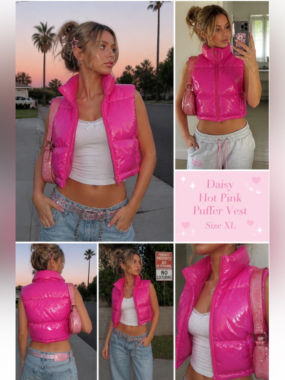 Daisy Hot Pink Glossy Puffer Vest – Size XL